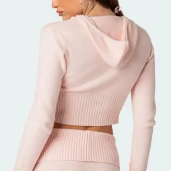 New EDIKTED Desiree Knitted Hooded Cardigan in Light Pink - Picture 2 of 9